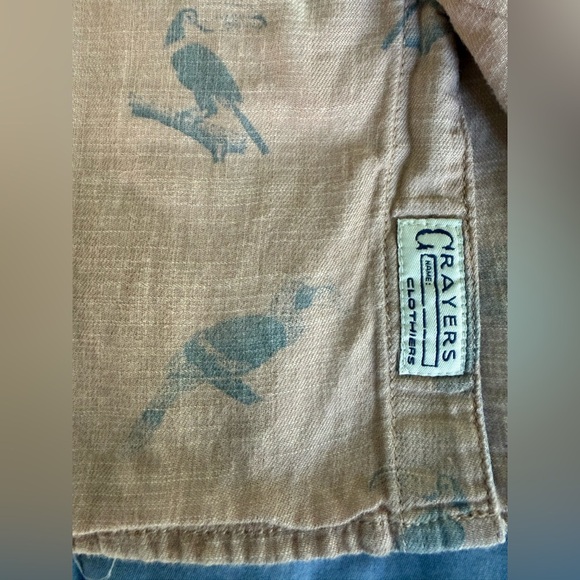 EUC Grayers Bird Print Linen-Blend Shirt Peach Tan Casual Short Sleeve L Soft - Picture 5 of 8